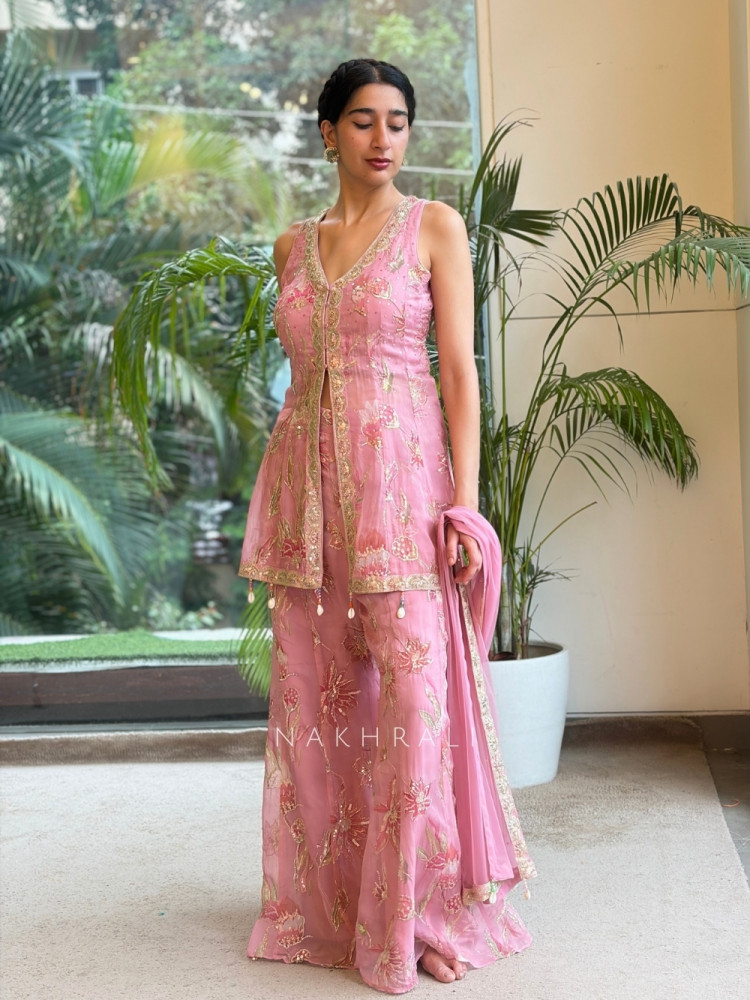 Image of Willow Bloom Pink Indo-Western Palazzo Kurta Set