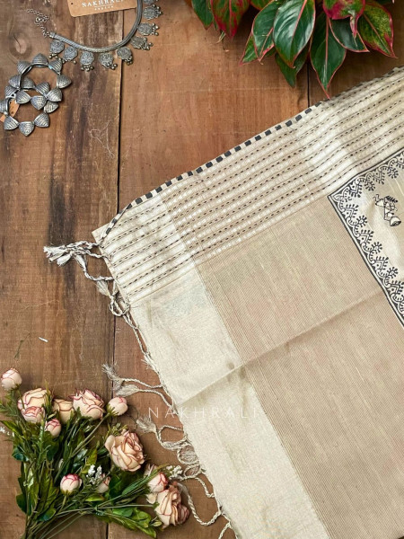 Vadi Black Raw Silk Saree with Kantha & Tribal Embroidery