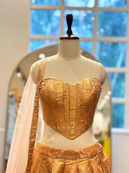 Aarunya Sunset Yellow Banarasi Brocade Silk Lehenga Set