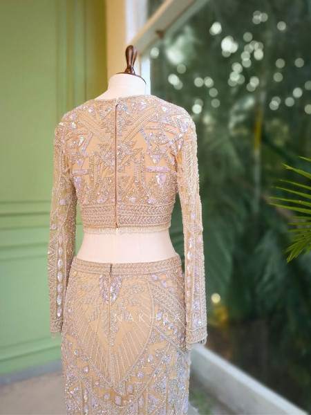 Ethereal Prism Beaded Crop Top & Sleek Skirt Set