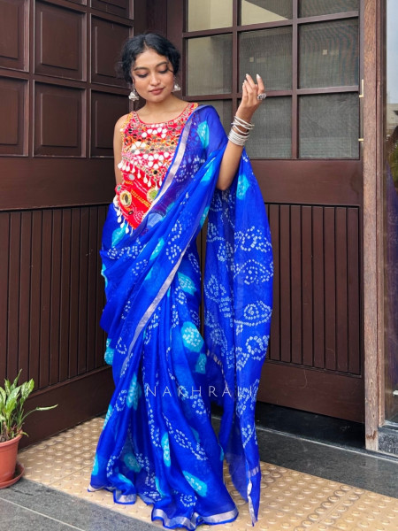 Ritvika Blue Bandhani Work & Silver Zari Border Saree