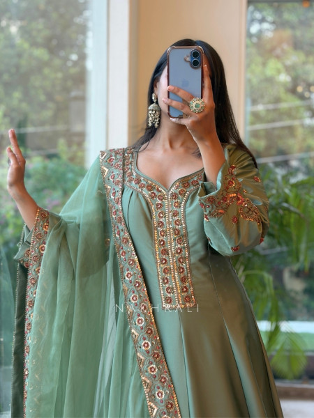 Imperial Blossom Green Silk Blend Anarkali Suit Set