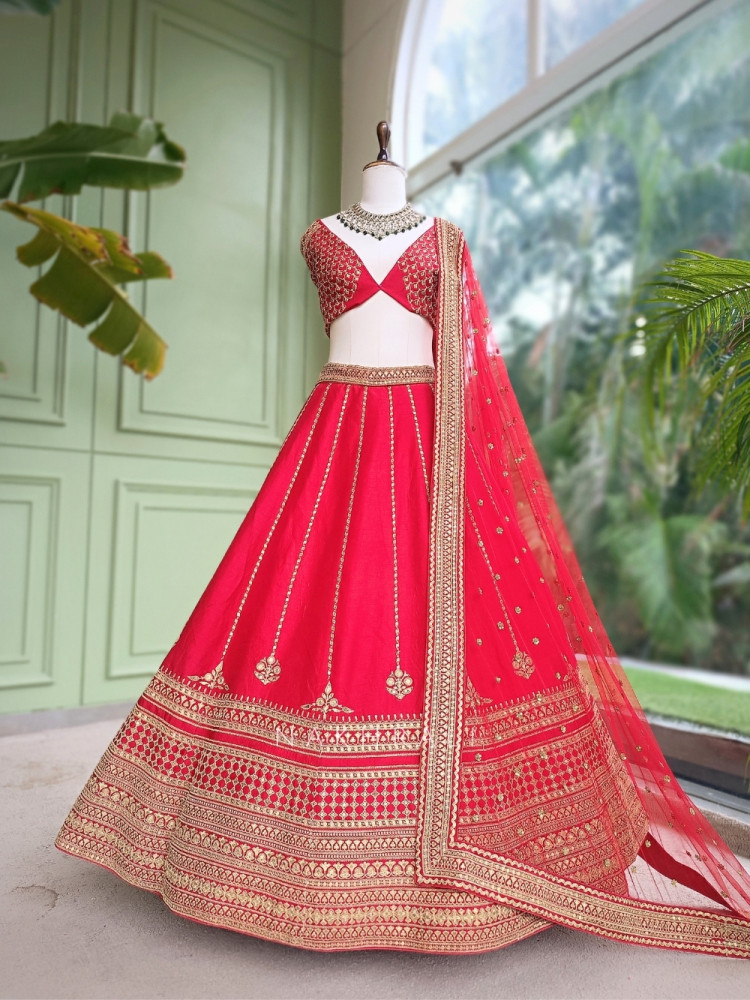 Image of Rosethorne Red Raw Silk or Satin-Silk Unstitched Bridal Lehenga With Antique Zari Jaal Work