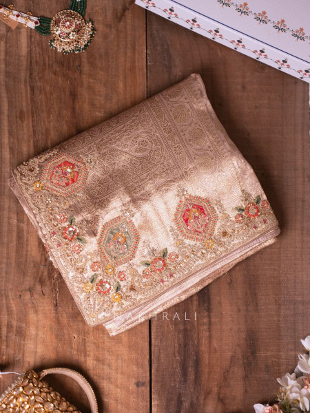 Royal Princess Beige Banarasi Silk Saree with Zardozi Detailing