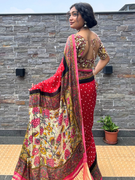 Kalam-Kari Bandhan Red Gaji Silk – Bandhani Saree