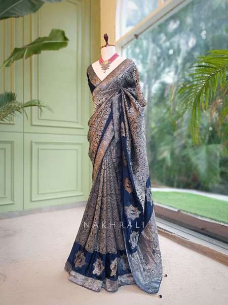 Noor-e-Kashi Katan Silk Blue Saree With Banarasi Zari Brocade Weave