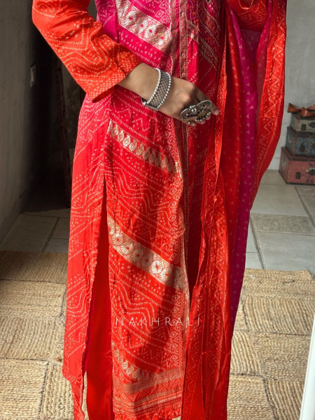 Rangdhaara Orange Bandhej Suit Set with Gota Patti Work