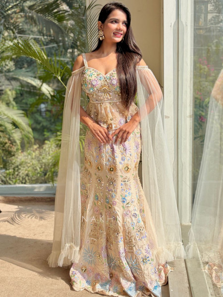 Calira Beige Beaded Indo-Western Lehenga Set