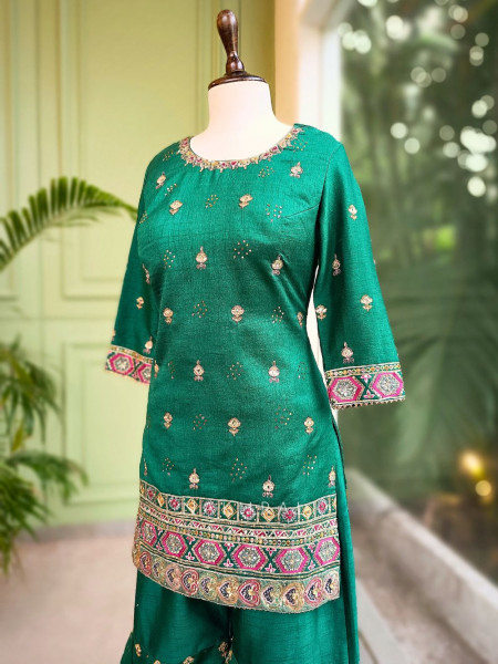 Emerald Radiance Silk Gharara Set with Sequin Embroidery