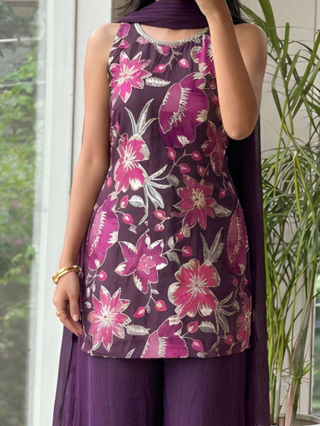 Fiesta Wine Floral Viscose Silk Indo-Western Sharara Set