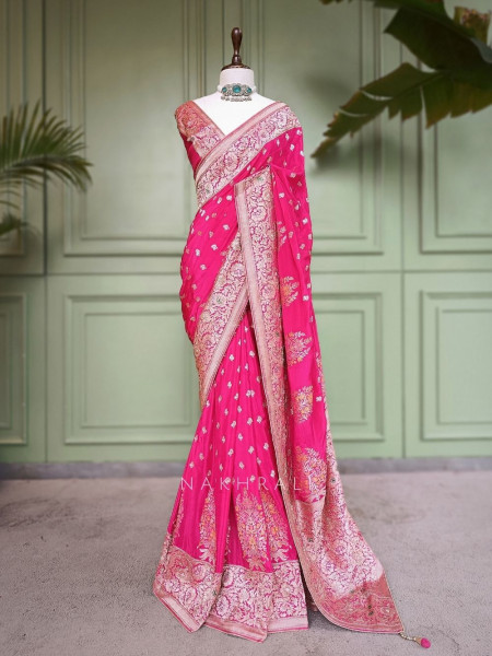 Padmika Magenta Banarasi Katan Silk Saree with Zari Buti and Meenakari Brocade Pallu
