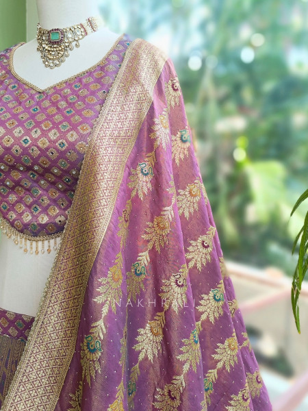 Rajeshwari Wine Banarasi Katan Silk Lehenga Set With Meenakari Zari Work