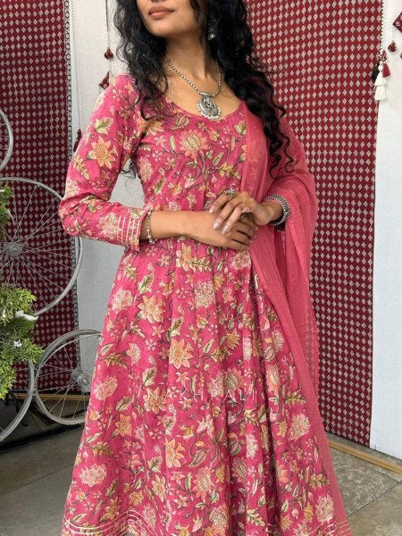 Mrigya Magenta Floral Cotton Anarkali Suit Set with Gota Work