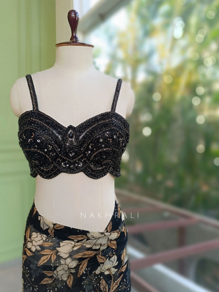 Carvella Black Pure Georgette Semi-Organza Floral Saree with Embroidered Bustier Blouse