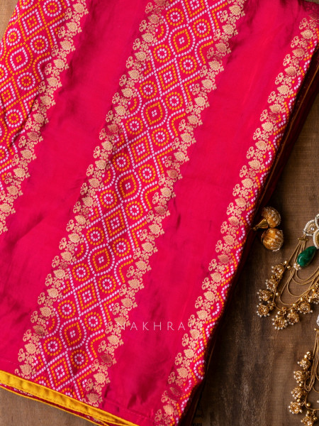 Pravahini Magenta Bandhani Saree with Sequin, Cut Dana & Mirror Work Readymade Blouse