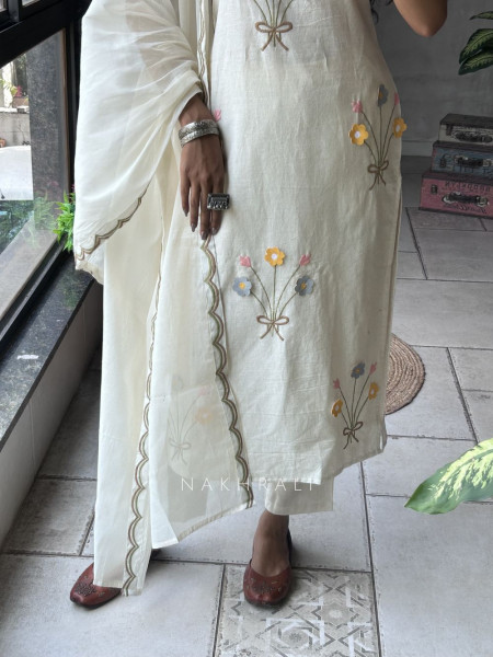 Kusumit Cream Khadi Cotton Suit Set with Embossed Flower Work