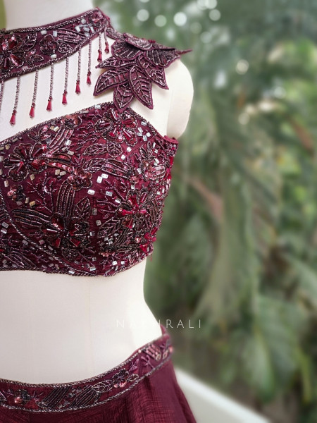 Nayara Maroon Indo-Western Lehenga with Sequin and Cut Dana Work