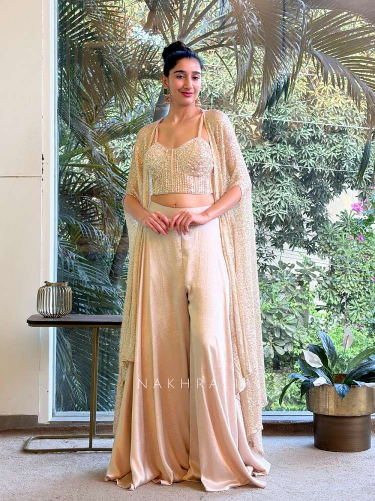 Image of Seren Beige Sequin Cape Palazzo Set
