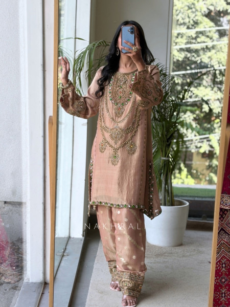 Firdaus Jewel-Neck Peach Suit Set