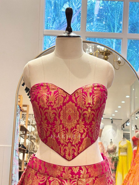 Aarunya Sunset Magenta Banarasi Brocade Silk Lehenga Set