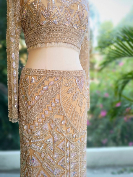 Ethereal Prism Beaded Crop Top & Sleek Skirt Set