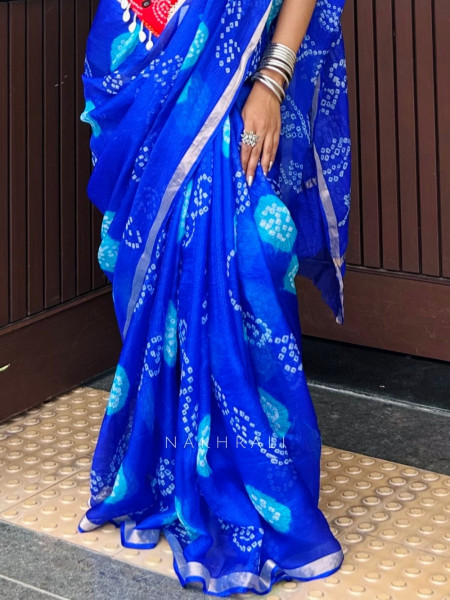 Ritvika Blue Bandhani Work & Silver Zari Border Saree