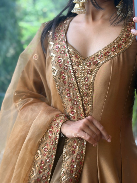 Imperial Blossom Brown Silk Blend Anarkali Suit Set