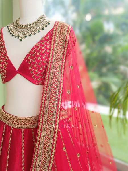 Rosethorne Red Raw Silk or Satin-Silk Unstitched Bridal Lehenga With Antique Zari Jaal Work