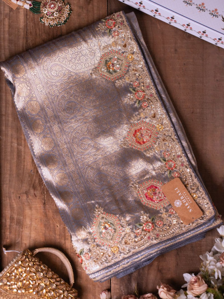 Royal Princess Grey Banarasi Silk Saree with Zardozi Detailing
