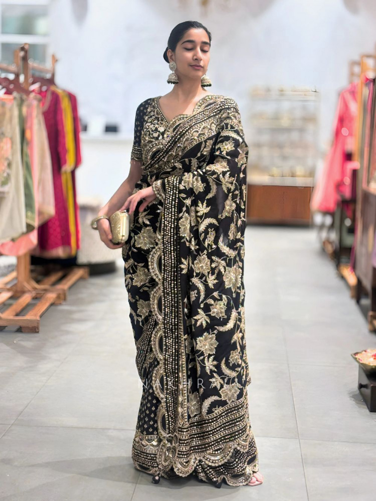 Image of Dark Dazzle Black Saree with Sequin Embroidered Blouse