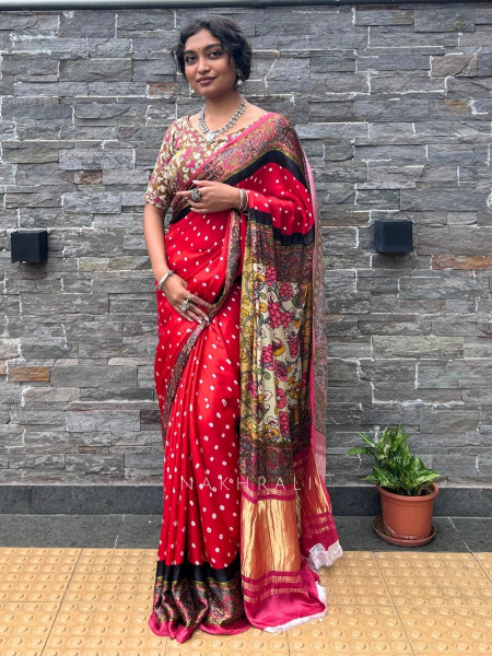Kalam-Kari Bandhan Red Gaji Silk – Bandhani Saree