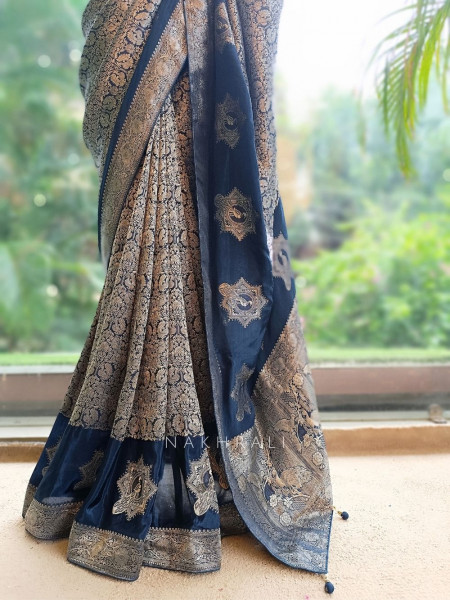Noor-e-Kashi Katan Silk Blue Saree With Banarasi Zari Brocade Weave
