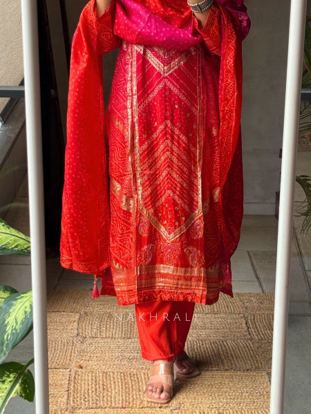 Rangdhaara Orange Bandhej Suit Set with Gota Patti Work