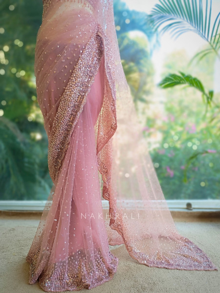 Periwinkle Onion Pink Tissue Saree with Sequin Work