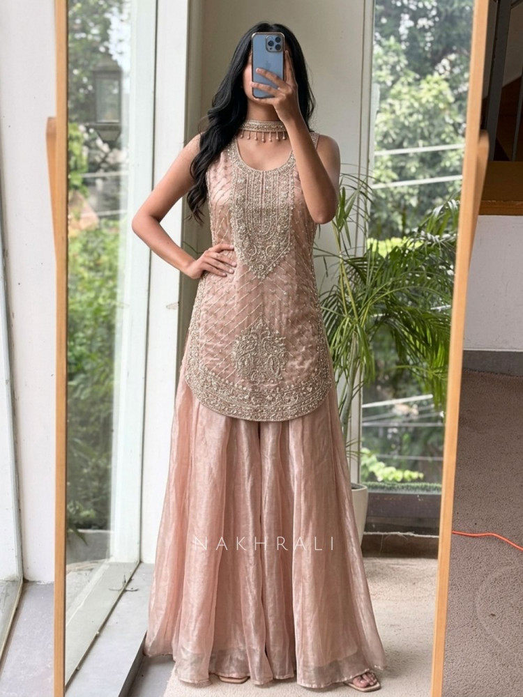 Image of Metamorphic Rose Gold Indo-Western Palazzo Set