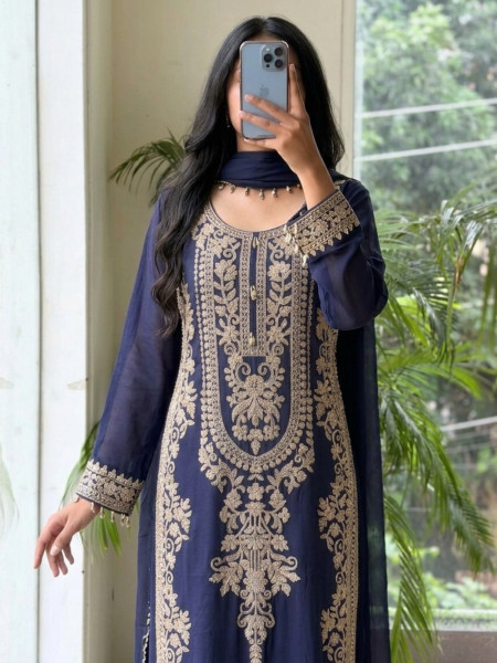 Vermilion Blue Georgette Crepe-Silk Blend Straight Suit Set