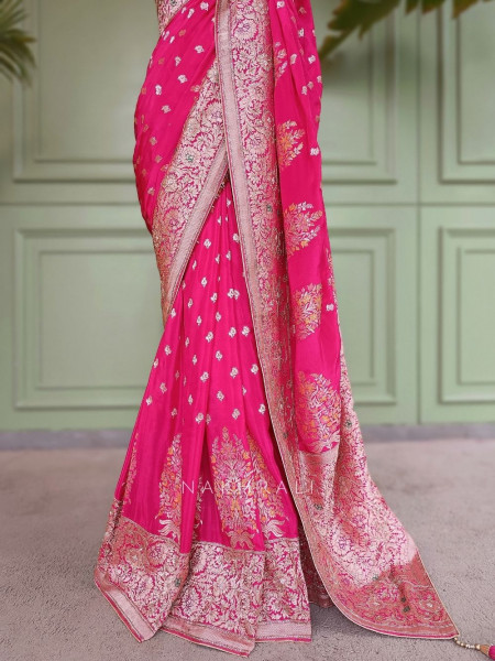 Padmika Magenta Banarasi Katan Silk Saree with Zari Buti and Meenakari Brocade Pallu