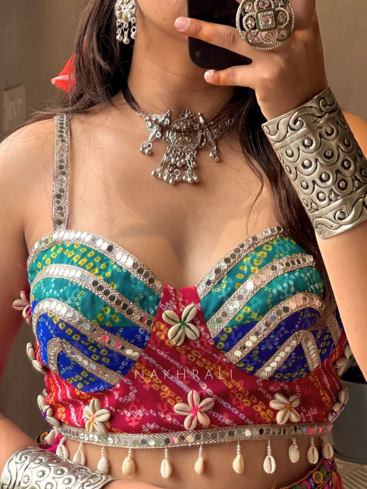 Image of Chakori Multicolor  Mirror Work Blouse with Back Strings