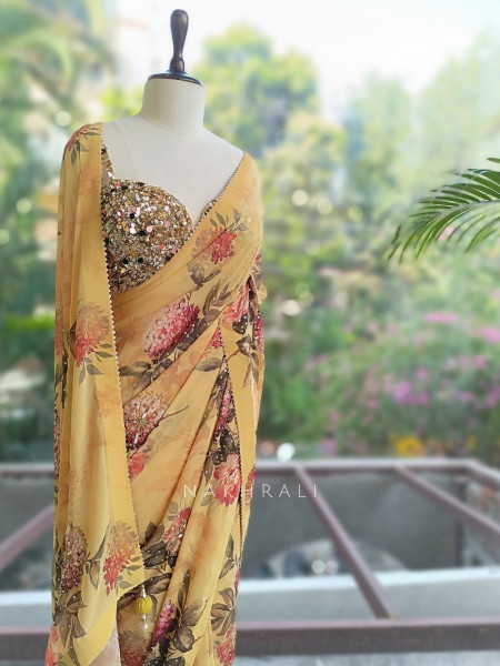 Lorina Yellow Floral Pure Georgette Chiffon Saree with Embellished Readymade Blouse