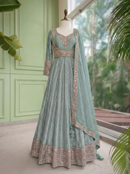 Mrigya Sea Green Anarkali Suit Set With Hand Embellished Zari & Sequin Work