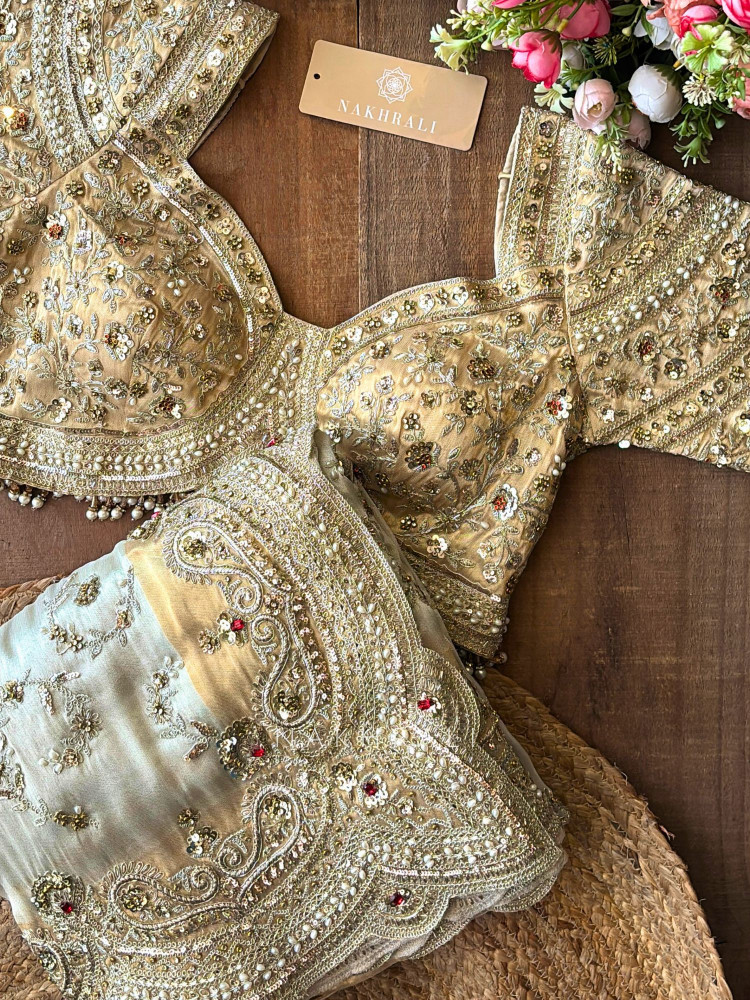 Image of Vianka Cream Saree with Zardozi Work and Readymade Blouse
