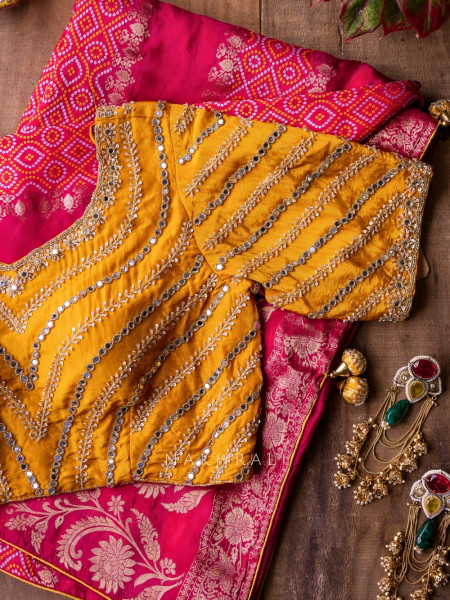 Pravahini Magenta Bandhani Saree with Sequin, Cut Dana & Mirror Work Readymade Blouse