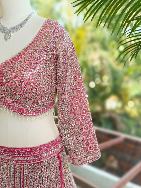 Rivarka Pink Mirror and Bead Embroidered Bridal Lehenga