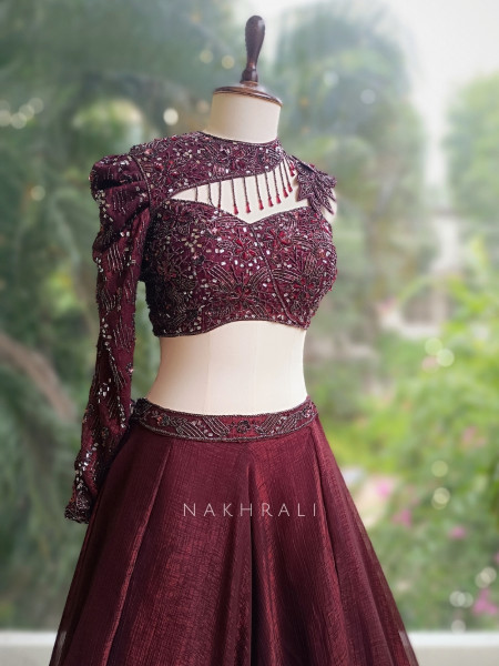 Nayara Maroon Indo-Western Lehenga with Sequin and Cut Dana Work