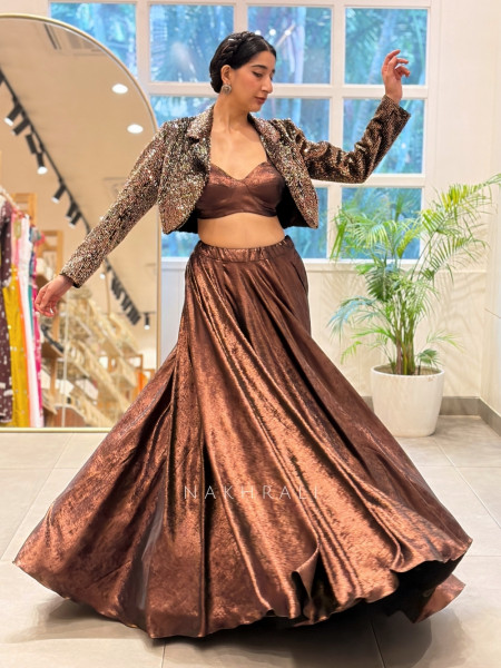 Gilded Brown Metallic-Coated Indo-Western Lehenga Set