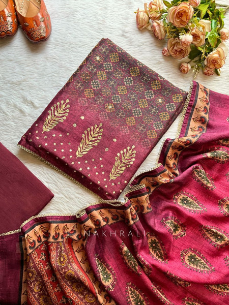 Meherika Wine Foil Print Dress Material with Ajrakh Dupatta