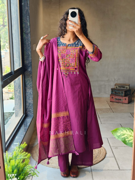 Zerith Solid Wine Kurta Pant Set with Phulkari Embroidered Yoke