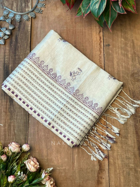 Vadi Wine Raw Silk Saree with Kantha & Tribal Embroidery