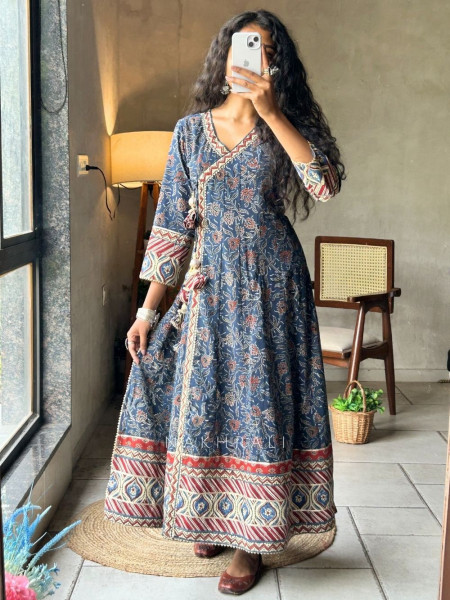 Prakriti Blue Printed Cotton Anarkali Kurta