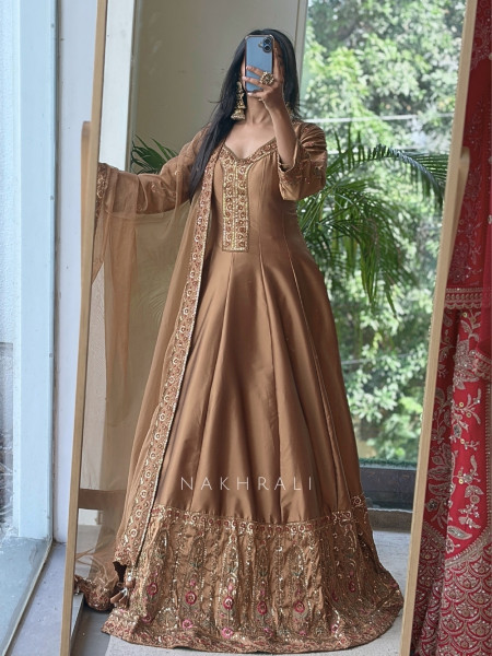 Imperial Blossom Brown Silk Blend Anarkali Suit Set